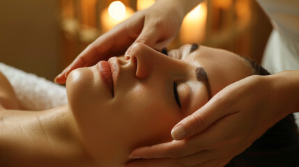 close up of a wwoman receiving a face massage Face massage session closeup in spa center with bokeh backgroundoman receiving a face massage