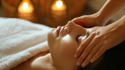 woman receiving a face massage. Face massage session closeup in spa center with bokeh background