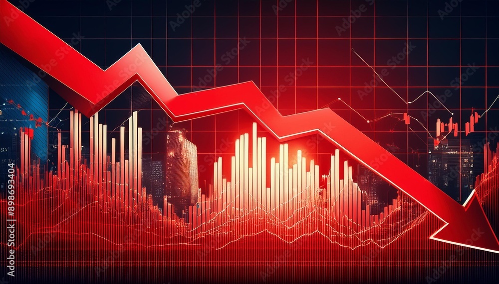 Wall mural financial crisis down, red arrow economy business graph on money crash market background