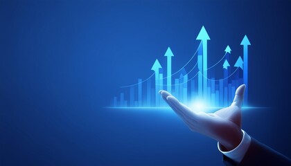 Business graph data analysis profit arrow with neon blue color over businessman hand