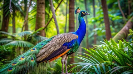 Obraz premium Peacock in Tropical Foliage - A Vibrant Portrait, Jungle, Bird, Feathers, Peacock