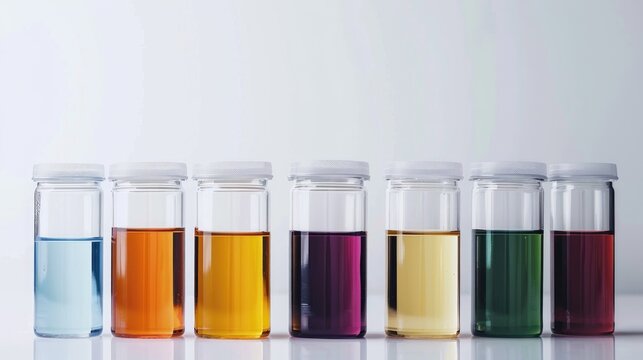 Colorful liquid in chemical containers on a white backdrop