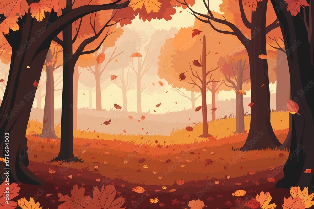 Poster a serene autumn forest scene with leaves falling from the trees, perfect for a nature-inspired backg