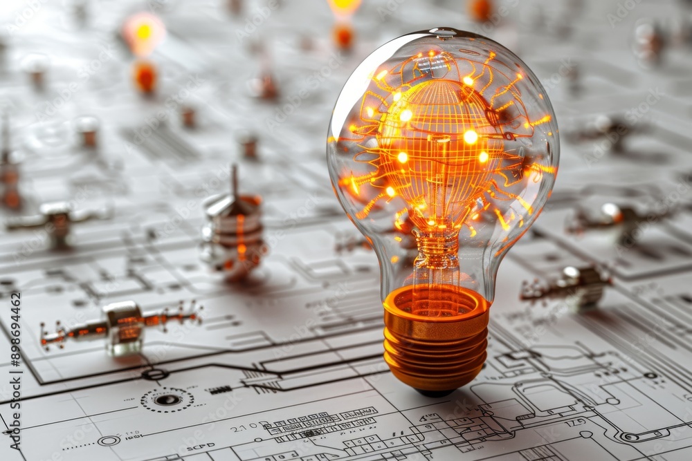 Poster light bulb on circuit board with glowing effect emphasizing innovation and bright ideas