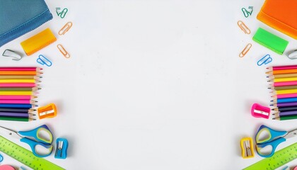 School supplies double border banner. Top view on a white background with copy space