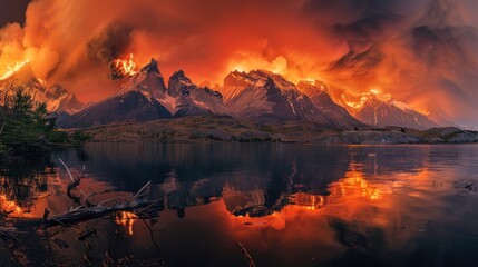 illustration Panoramic of the Torres del Paine National Park Forest Fire in Patagonia, Chile. Ai generated image