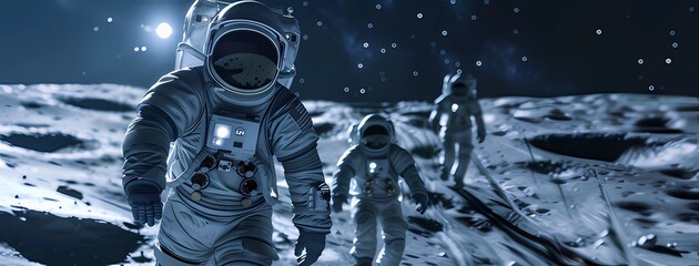 team of astronaut in futuristic suit landing on moon, 3d render
