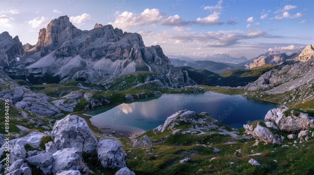 Canvas Prints A serene lake surrounded by mountains, perfect for scenic views and outdoor activities