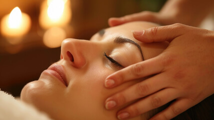 Naklejka premium Face massage session closeup in spa center with bokeh background