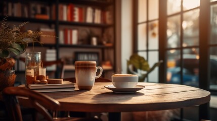 This stunning coffee shop photograph featuring a cozy shelf and table setup, perfect for a cafe or restaurant decor. The bokeh effect in the background adds a touch of magic to the scene