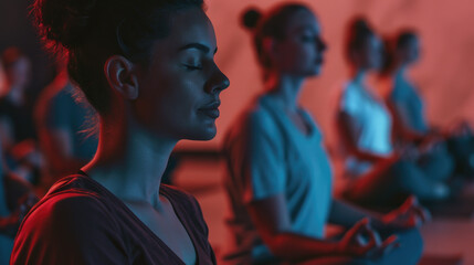 Obraz premium Group of woman practicing mindfulness and relaxation meditation class in studio