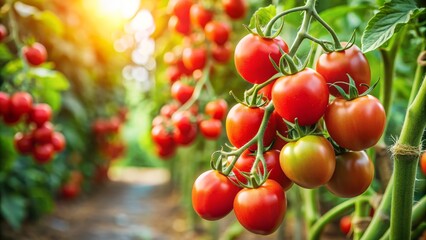 Obraz premium Ripe Tomatoes on Vine in Greenhouse, Sunlight, Closeup, Green Leaves, Red, Tomato, Vine