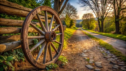Obraz premium Rustic Wooden Wheel by the Path, Close-up , wagon wheel , country road , landscape , nature