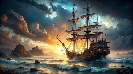 Obraz premium Sailing into the Sunset, Digital Painting, Tall Ship, Dramatic Clouds, Sea , sailboat, ship