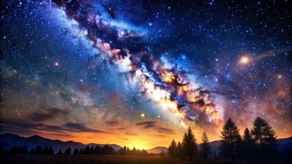 Silhouetted Pines Witnessing the Milky Way's Cosmic Majesty, Night Sky, Starry Night, Milky Way Galaxy, Stars