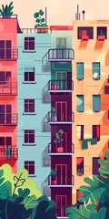 Naklejka premium Colorful Apartment Buildings Illustration with Green Plants