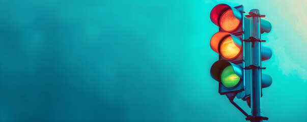 Traffic light on blue background with copy space. Close up glowing traffic signal on evening sky. Traffic control, road safety and regulation on road concept. Red, yellow and green lights on semaphore