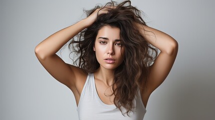 A close-up photograph captures a cute woman wearing a white T-shirt against a white background. She has a pained expression on her face as she places her hand on her forehead.