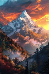 Mountain landscape with vibrant sunset colors in the background