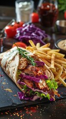
a Greek Gyro or shawarma accompanied by fries, it has vegetables such as purple cabbage, tomato, chicken meat, lettuce and yogurt sauce, in the background it is summer,