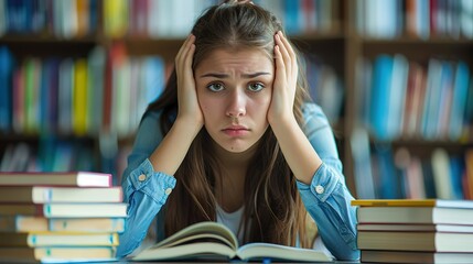 A high school girl is having a headache with her homework, her desk is covered with books