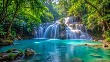 Fototapeta premium Tranquil Waterfall Cascading Through Lush Green Forest, Long Exposure Photography, Serene Nature Scene, Vibrant Colors, Waterfalls, Thailand, Landscape