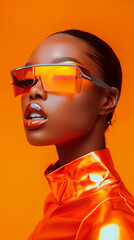 fashion photo of supermodel wearing futuristic sunglasses on a sleek orange colored background in the style of a fashion magazine cover