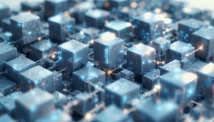 Fototapeta premium floating light blue cubes connected by glowing circuit lines on a white canvas, intricate details and shadows, digital technology concept, high-tech 3D rendering.