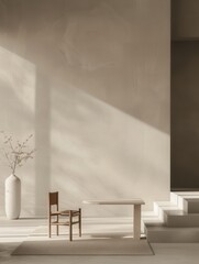 A single wooden chair and table sit in a minimalist interior with sunlight streaming through a window, illuminating the room with a warm glow. Generative AI