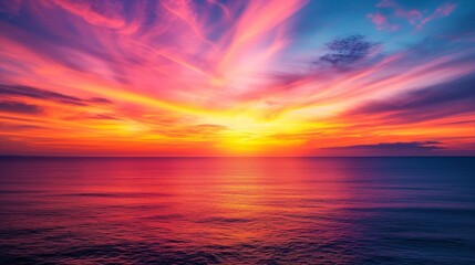 Fototapeta premium A picturesque summer sunset over a tranquil ocean, with vivid hues of orange, pink, and purple painting the sky, ideal for a vibrant wallpaper.