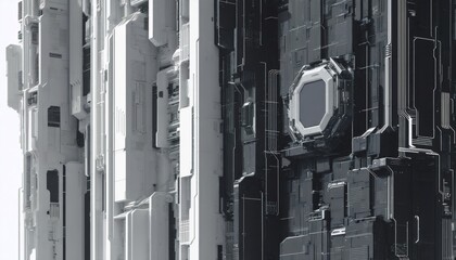 cyberpunk-inspired frame, white on black vector art, rounded square corners, cross elements, futuristic and minimalistic, bold lines, monochrome, simple shapes.