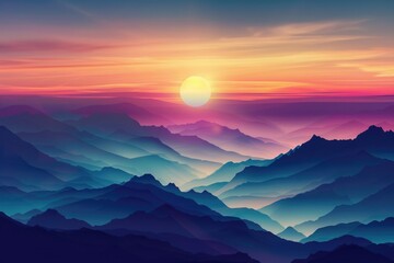 Obraz premium Sunset over a mountain range with peaks and valleys