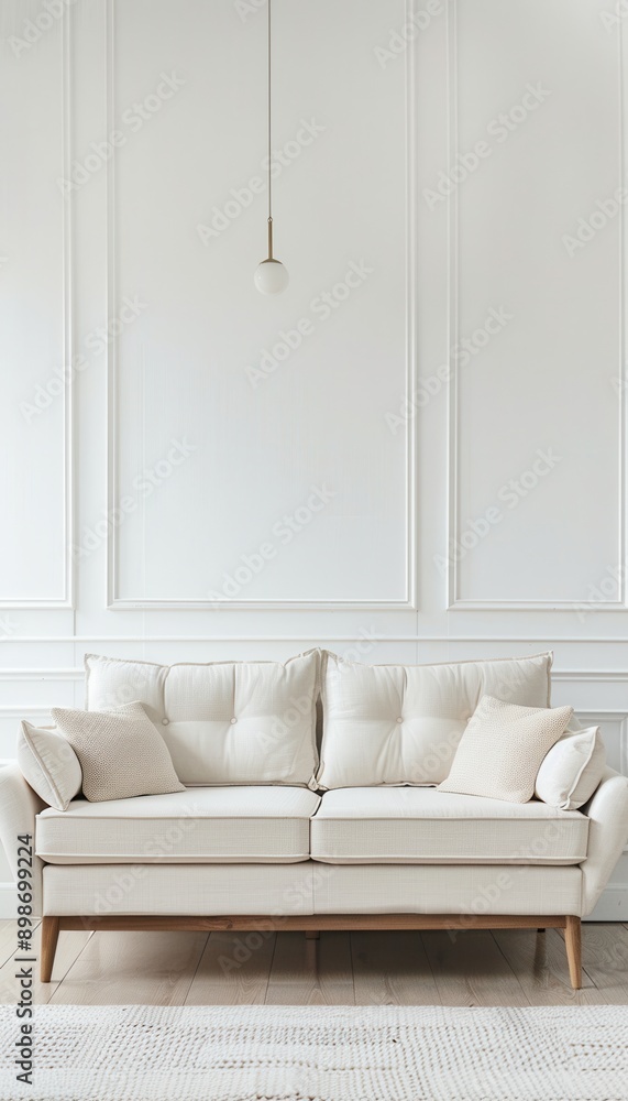 Poster A white sofa with plush cushions sits in a minimalist living room, featuring a white rug and a single pendant light. Generative AI