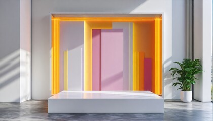 cutting-edge podium with dramatic shadow effects, showcased against a bright white wall, enhanced with vivid colors and clarity, spacious area to the right for product placement