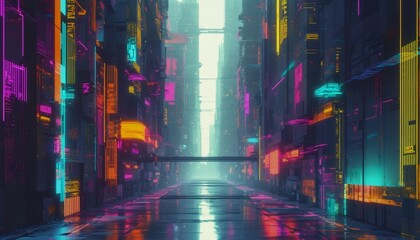central perspective with bold geometric shapes, vibrant gradients and noise, sci-fi style outlines, film grain and glitch effects create a dynamic, anime-inspired composition.