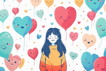 Woman Surrounded by Heart Balloons Emphasizing Happiness and Positive Emotions