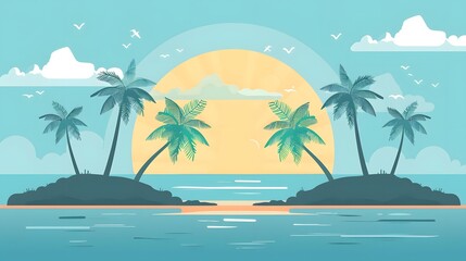Obraz premium Tropical Sunset Beach Illustration With Palm Trees And Sun