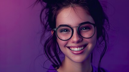Fototapeta premium A smiling girl with black glasses and a purple outfit is looking directly at the camera with a big, friendly grin.