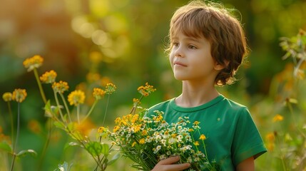 A young boy in a green T-shirt is proudly holding a bunch of wildflowers, looking at them with a look of admiration.