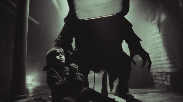  In a vintage film scene, a TV-headed monster advances toward a scared child, merging nostalgia and suspense in a surreal, chilling encounter in a surreal blend of innocence and fear. .