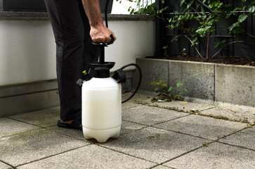 Man pumping compression sprayer for spraying.