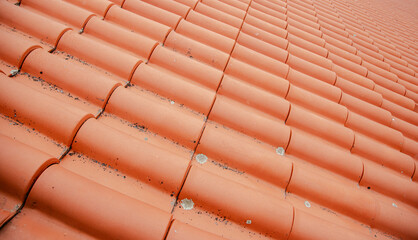 A close-up view of a vibrant, terracotta red tiled roof, showcasing the clean, uniform pattern and slight weathering, perfect for architectural and construction themes.