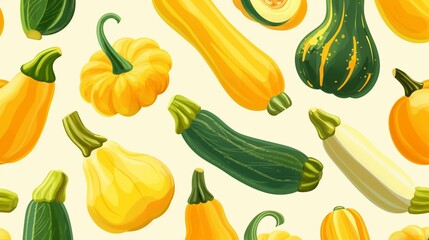 A seamless pattern filled with different types of squash, from yellow summer squash to green zucchinis and orange pumpkins, set against a cream-colored background.