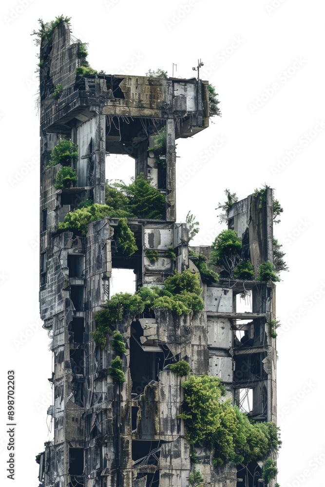 Poster a unique urban landscape featuring a building with lush greenery sprouting from its walls and roofto