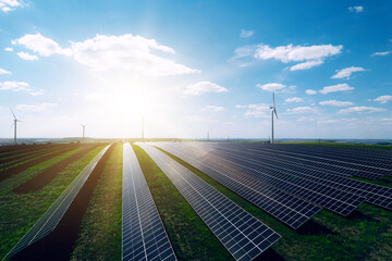 Solar panels park and wind turbines at sunny day.Windmill turbines generating green energy...