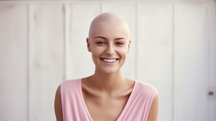 beautiful smiling woman without hair in pink  Cancer concept.