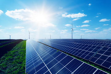 Solar panels park and wind turbines at sunny day.Windmill turbines generating green energy electric.Green energy reduce carbon emissions and makes earth cleaner and more ecological.	
