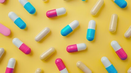 Multicolored capsules on a pastel yellow background for preventive and alternative health
