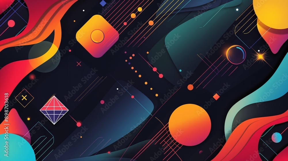 Poster a stylish geometric summer background with an array of colorful shapes like diamonds, circles, and w