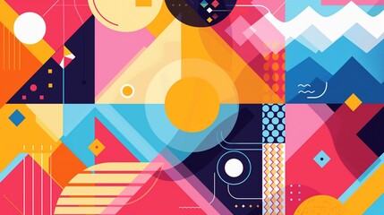 A stylish geometric summer background with an array of colorful shapes like diamonds, circles, and waves, all arranged in a modern and energetic composition, perfect for summer posters.